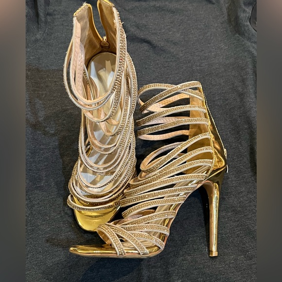 Woman High Stiletto Heel Dress Gladiator Peep Toe Sandals Gold size 8 - Picture 1 of 9